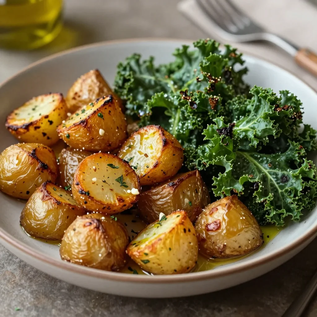 healthy garlic roasted potatoes and kale for cozy family meals