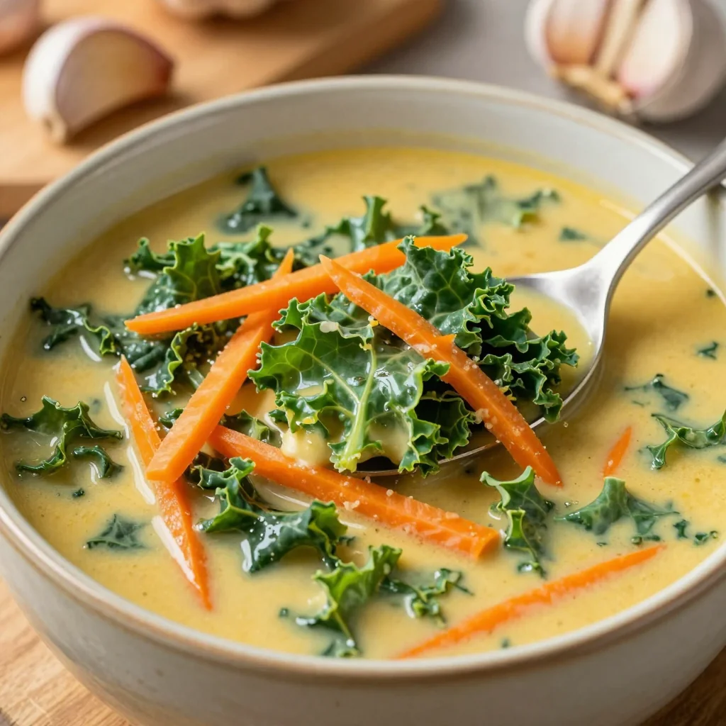 healthy kale and carrot soup with garlic for family meal prep