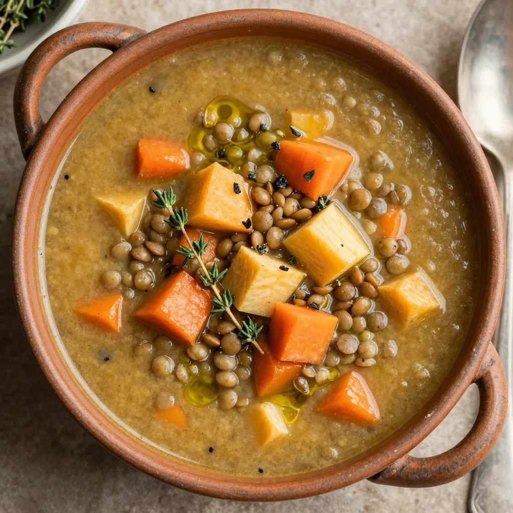 healthy one pot lentil soup with root vegetables for family dinners