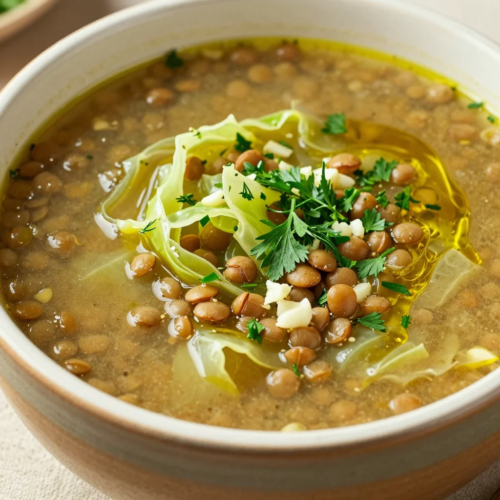 healthy onepot lentil and cabbage soup with garlic and fresh herbs
