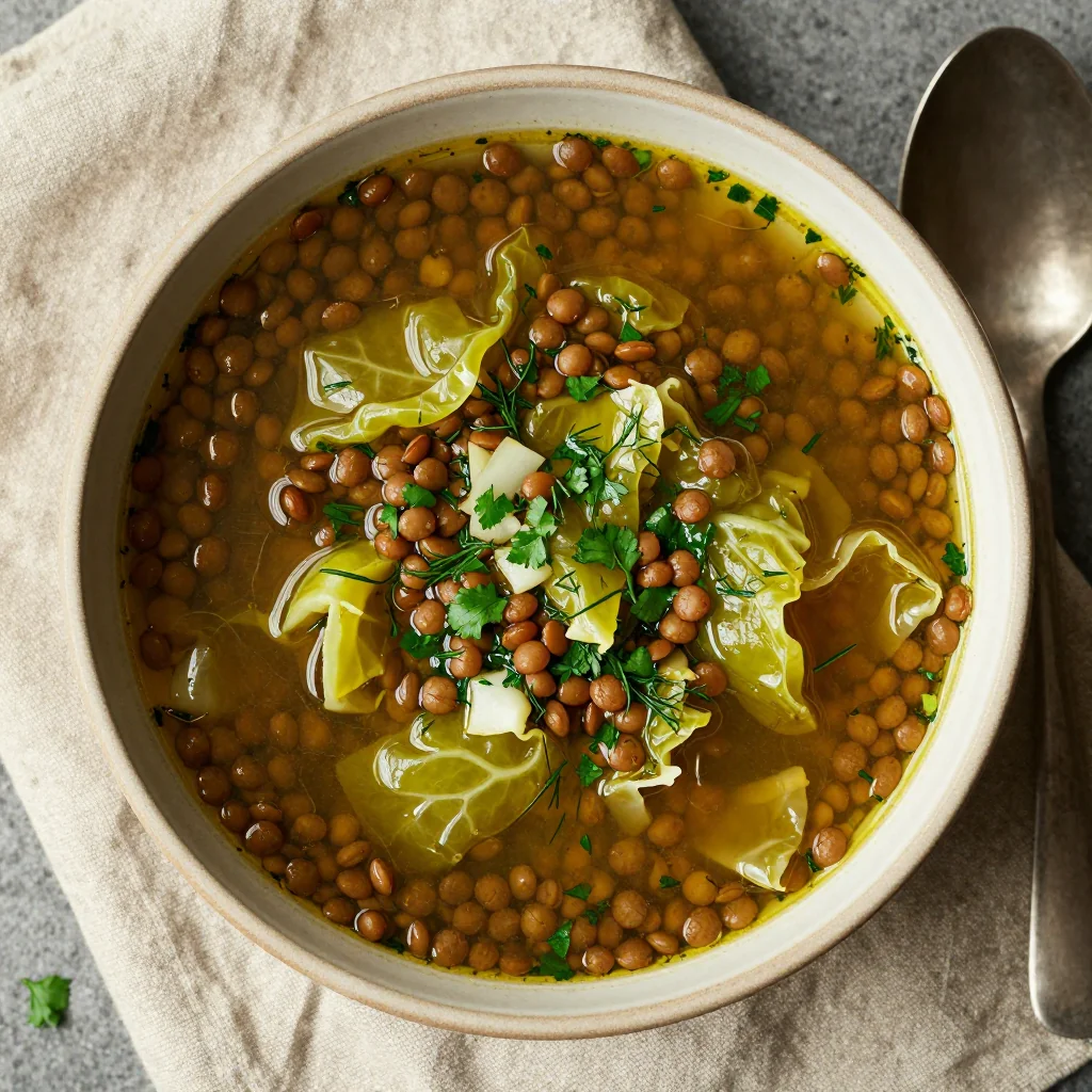 healthy onepot lentil and cabbage soup with garlic and fresh herbs