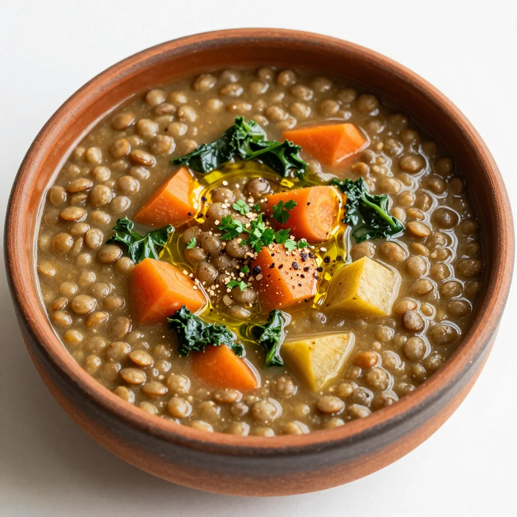 healthy onepot lentil soup with kale and root vegetables for family meals