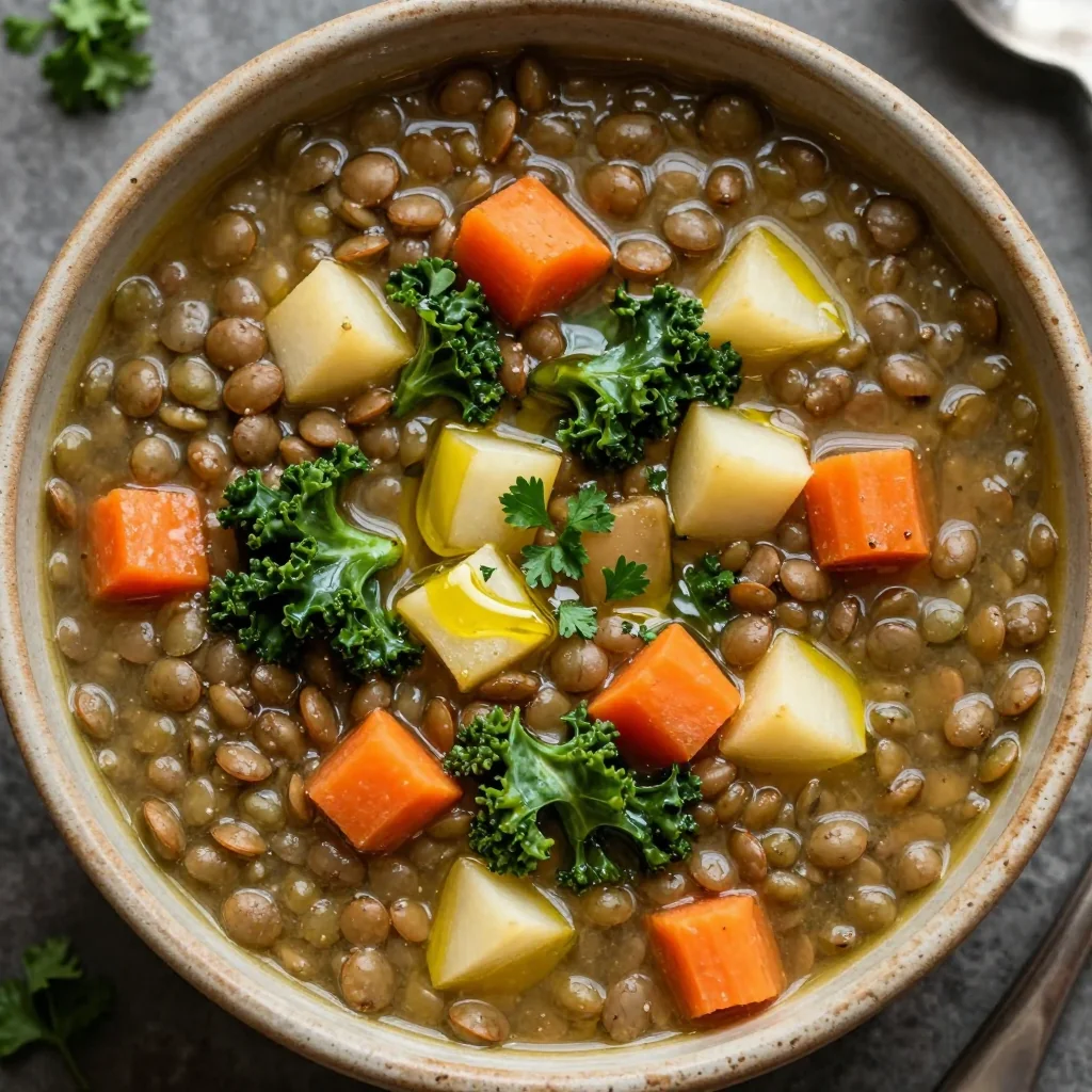 healthy onepot lentil soup with kale and root vegetables for family meals