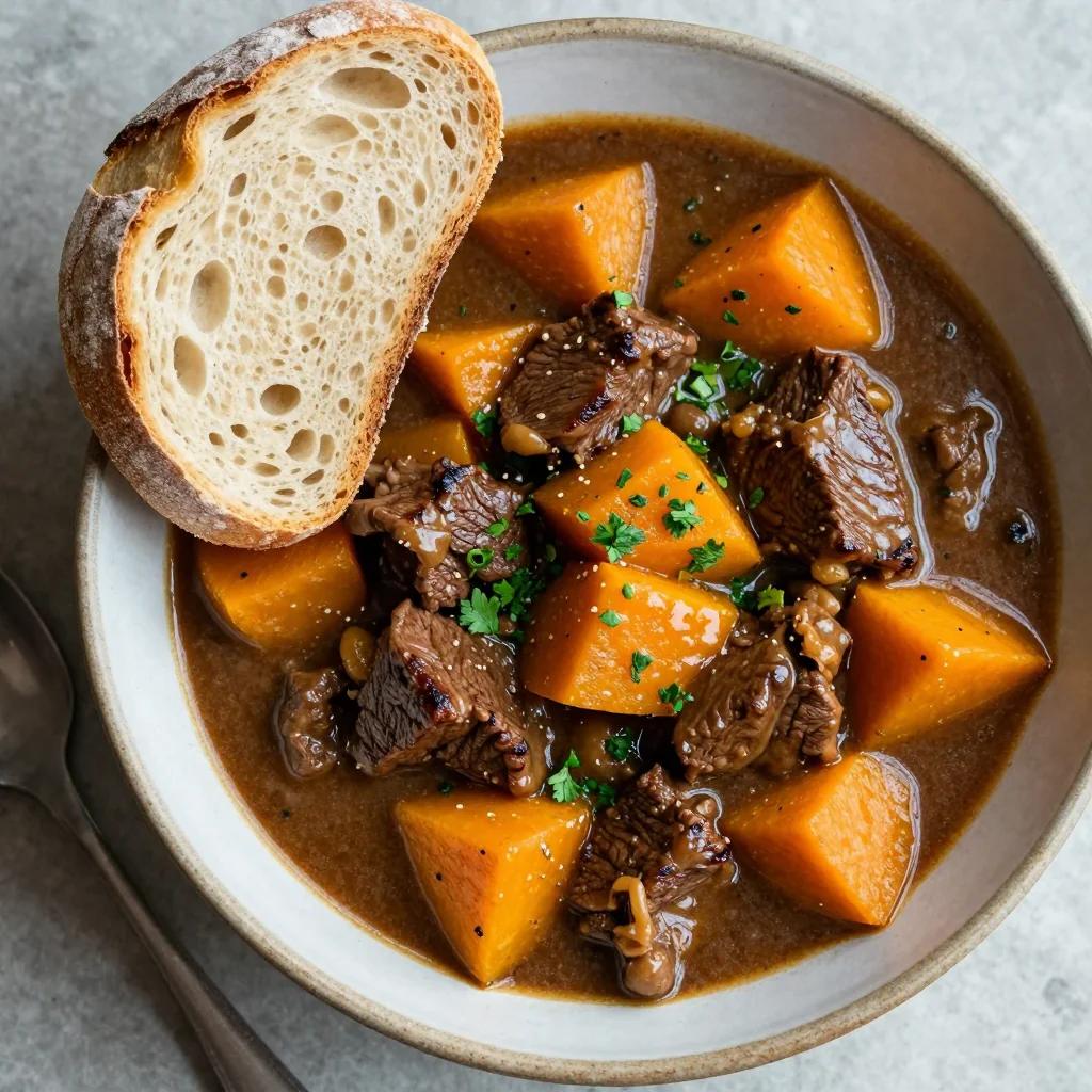 healthy slow cooker beef and winter squash stew for family dinners