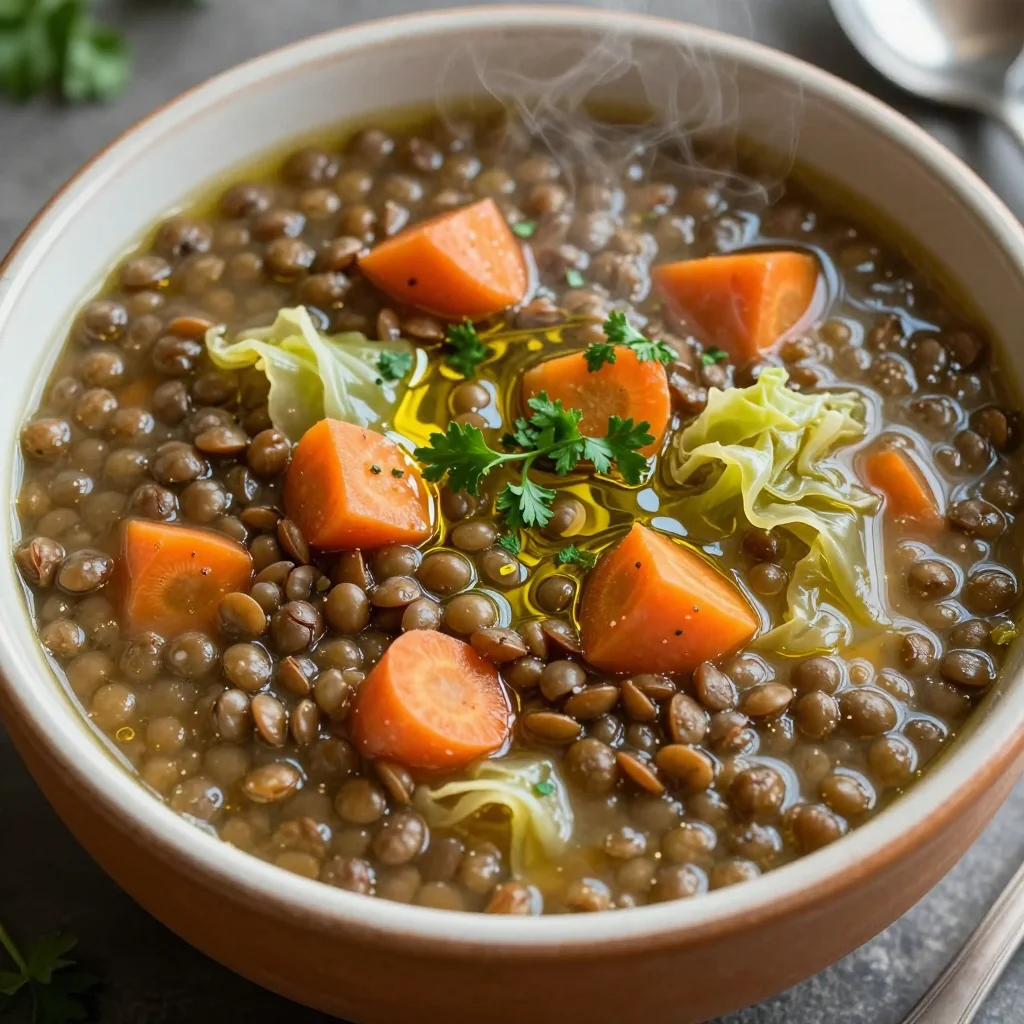 healthy slow cooker lentil soup with winter carrots and cabbage