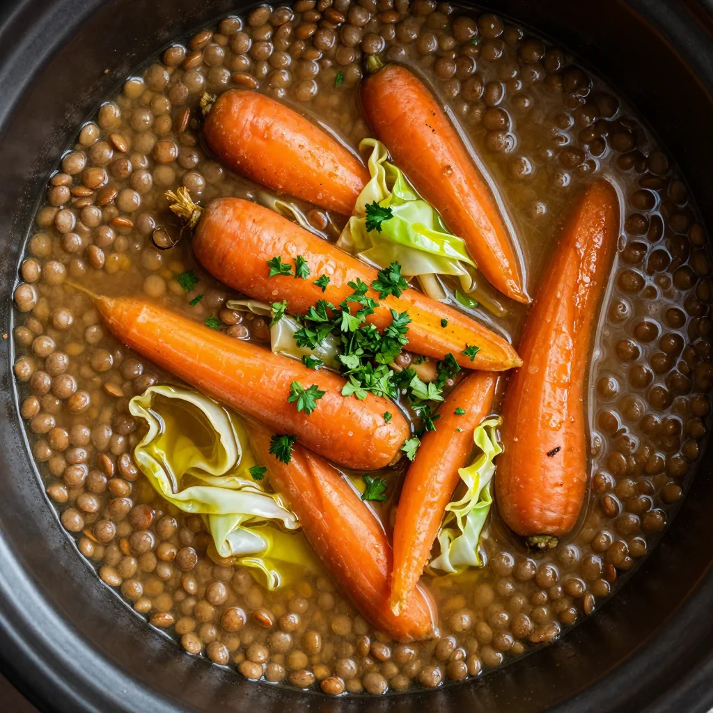 healthy slow cooker lentil soup with winter carrots and cabbage