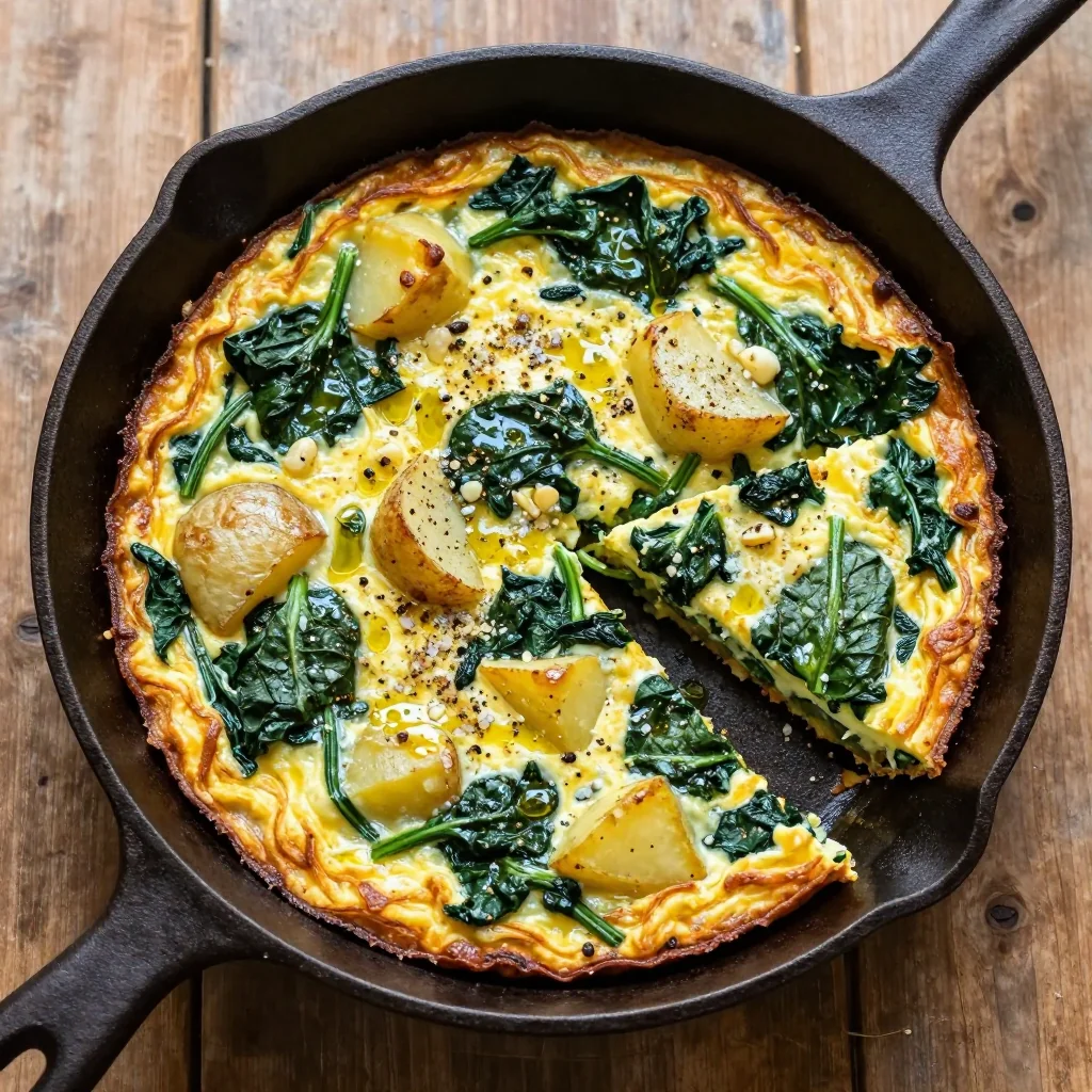 healthy spinach and potato frittata with garlic for slow winter mornings