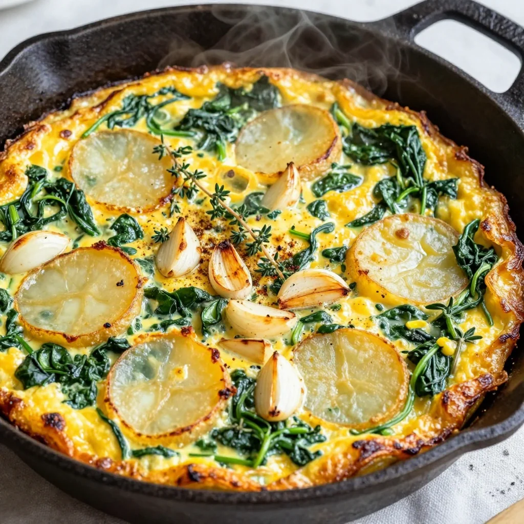 Healthy spinach and potato frittata with garlic, golden and puffy, sliced on a wooden board