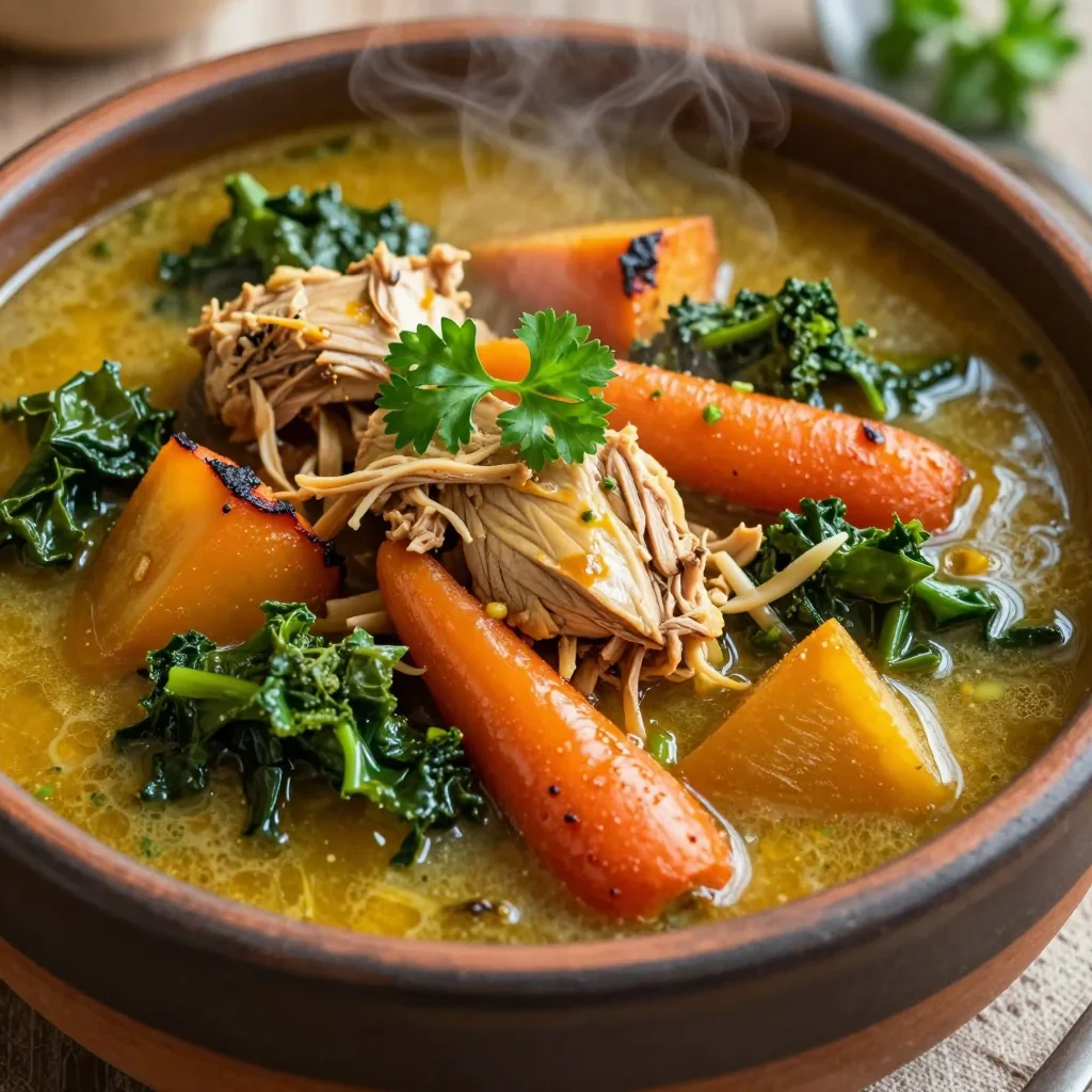 hearty chicken and kale stew with roasted root vegetables