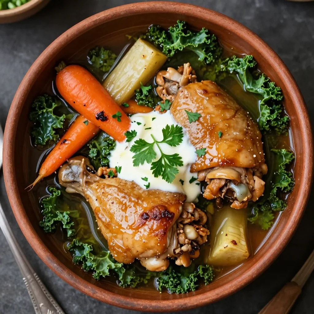 hearty chicken and kale stew with roasted root vegetables