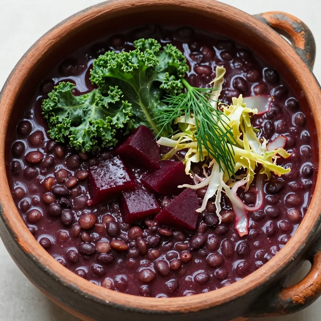 hearty one pot lentil and beet stew with cabbage and kale