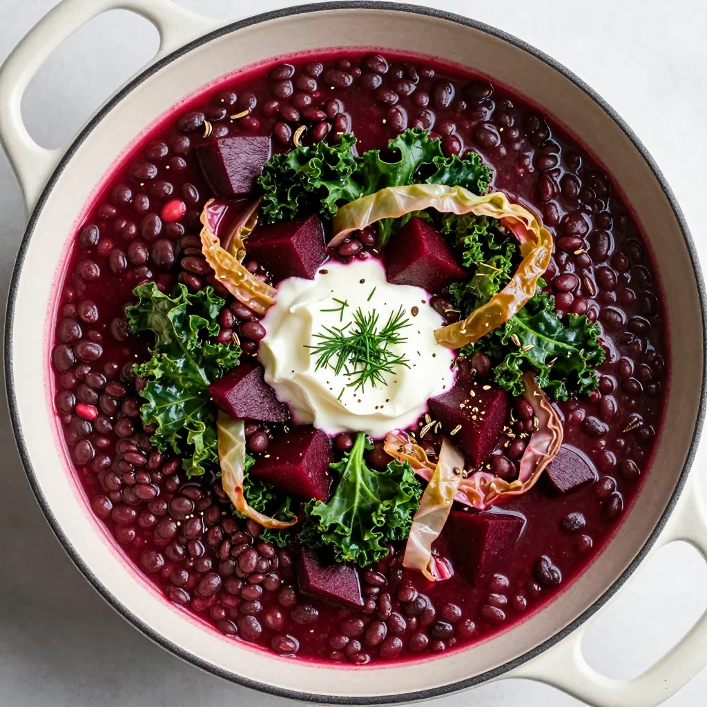 hearty one pot lentil and beet stew with cabbage and kale