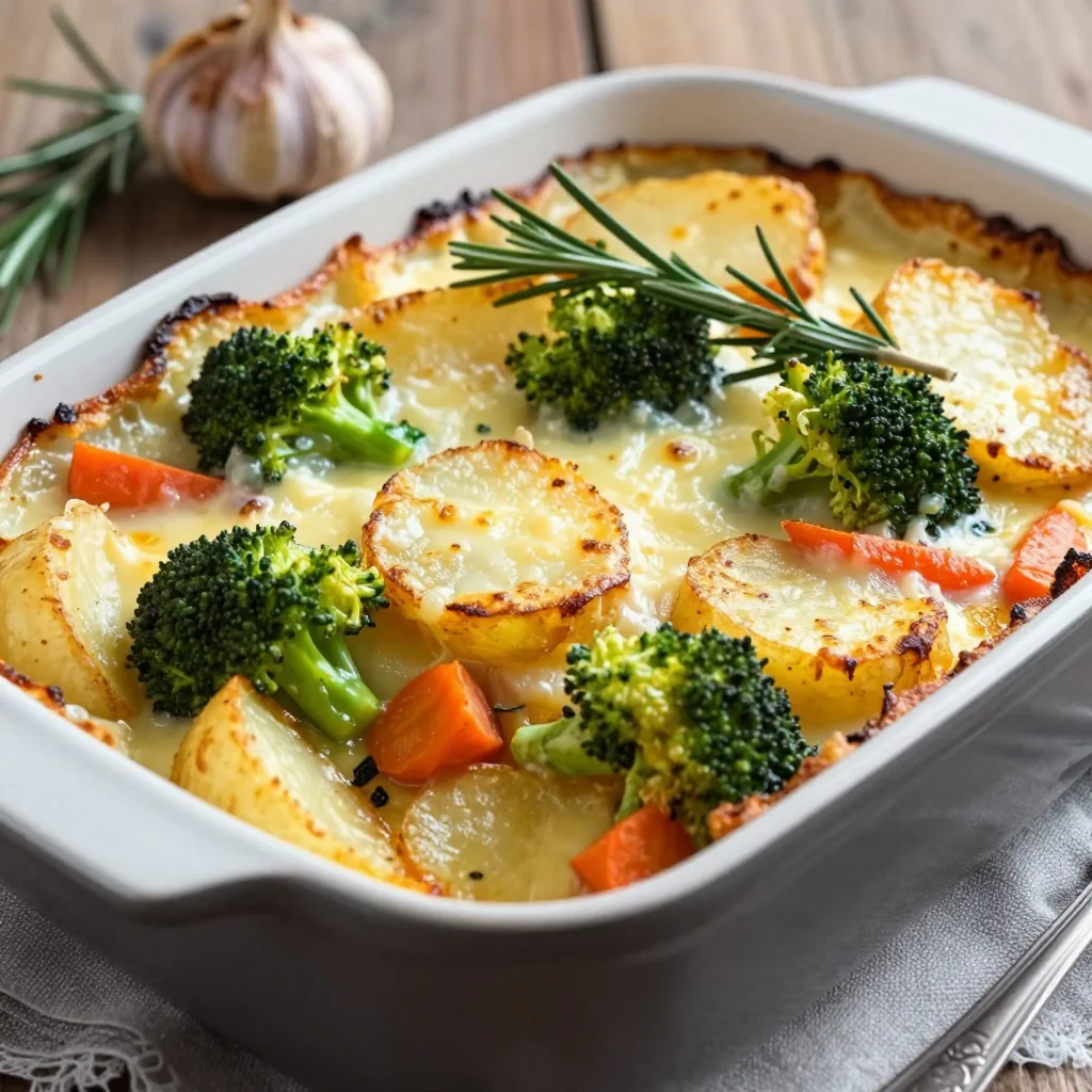 hearty vegetable and potato gratin with garlic and fresh rosemary