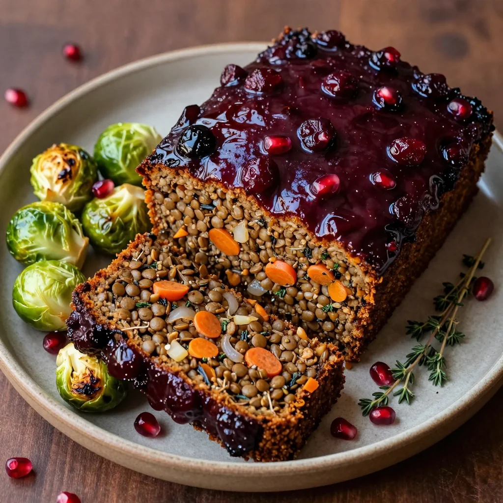 homemade vegan lentil loaf with cranberry glaze for winter