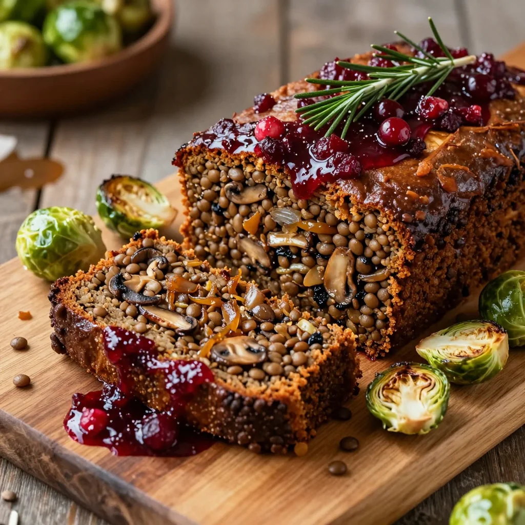 homemade vegan lentil loaf with cranberry glaze for winter