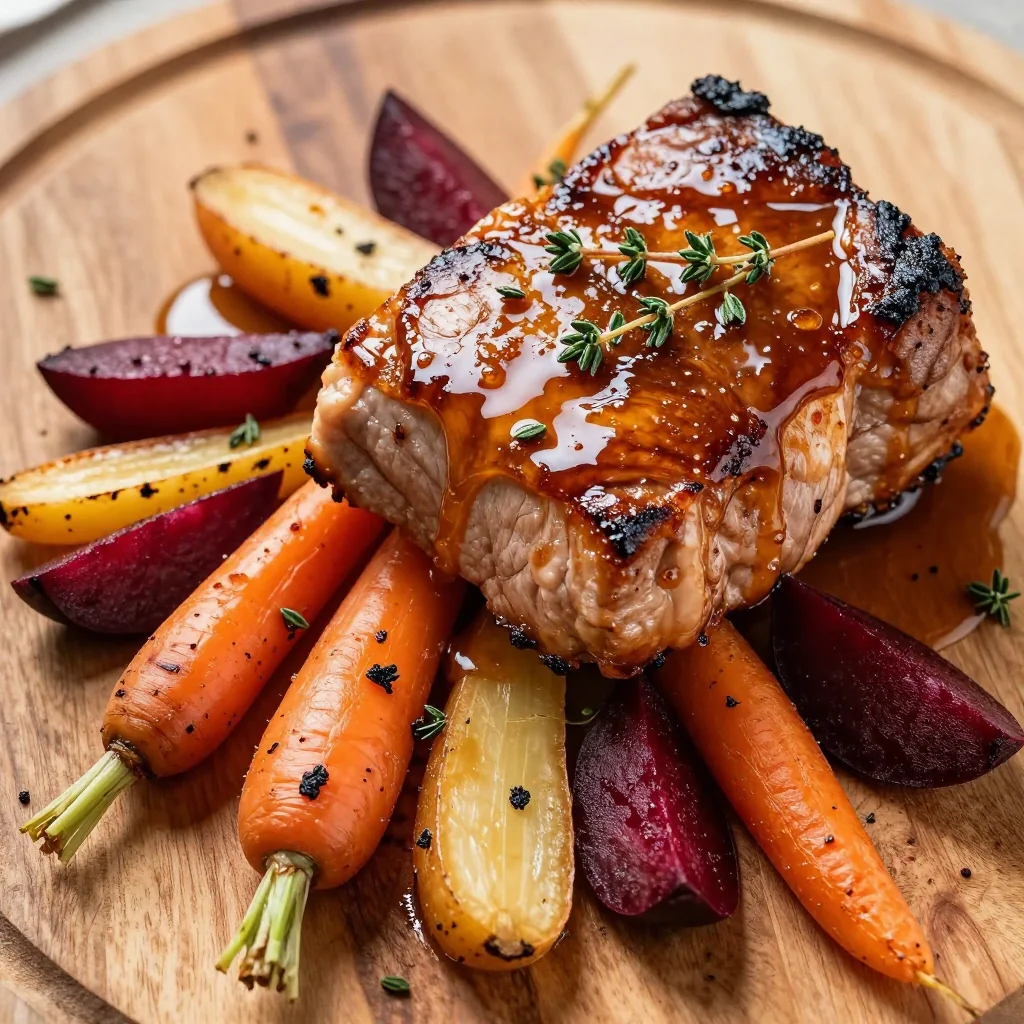 maple dijon glazed pork tenderloin with root vegetables for dinner