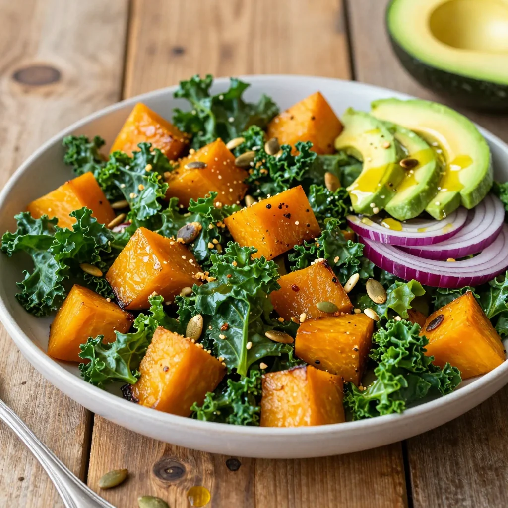 nutritious whole30 roasted winter squash and kale salad