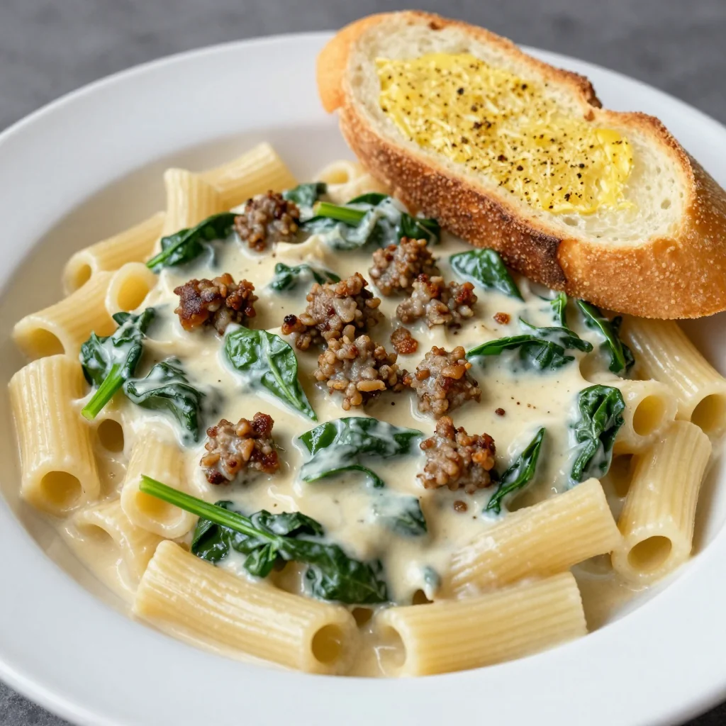 One Pot Creamy Sausage and Spinach Pasta with Garlic Bread