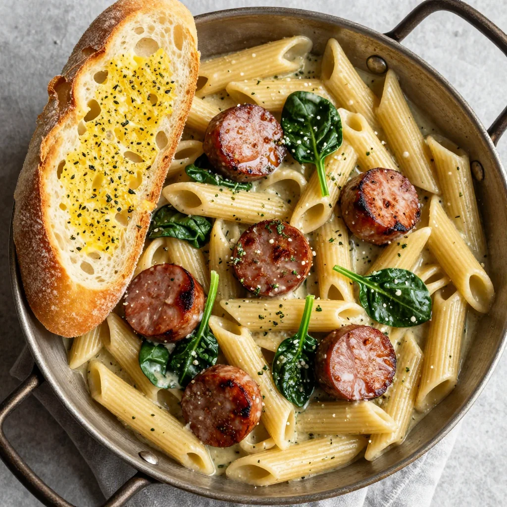 One Pot Creamy Sausage and Spinach Pasta with Garlic Bread