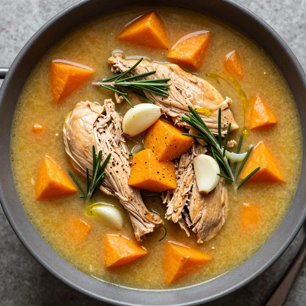 onepot chicken and sweet potato soup with garlic and rosemary