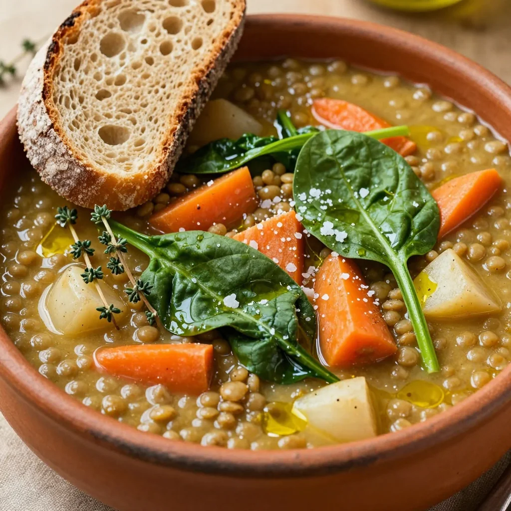 onepot lentil and spinach stew with root vegetables for clean eating