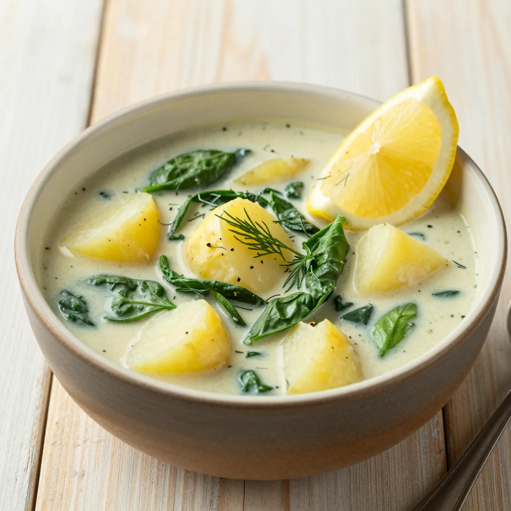 onepot spinach and potato soup with lemon for light family meals