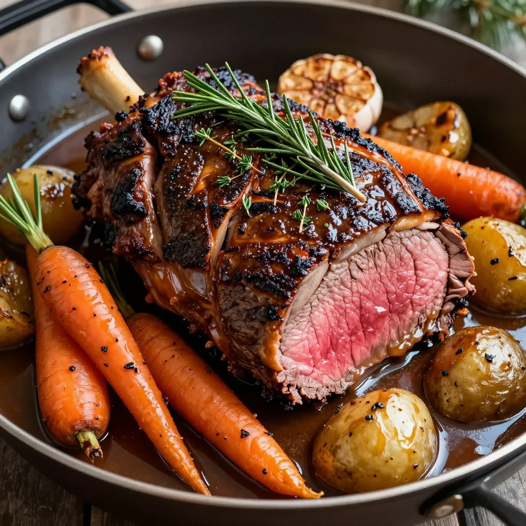 roasted garlic and herb prime rib with root vegetables for christmas
