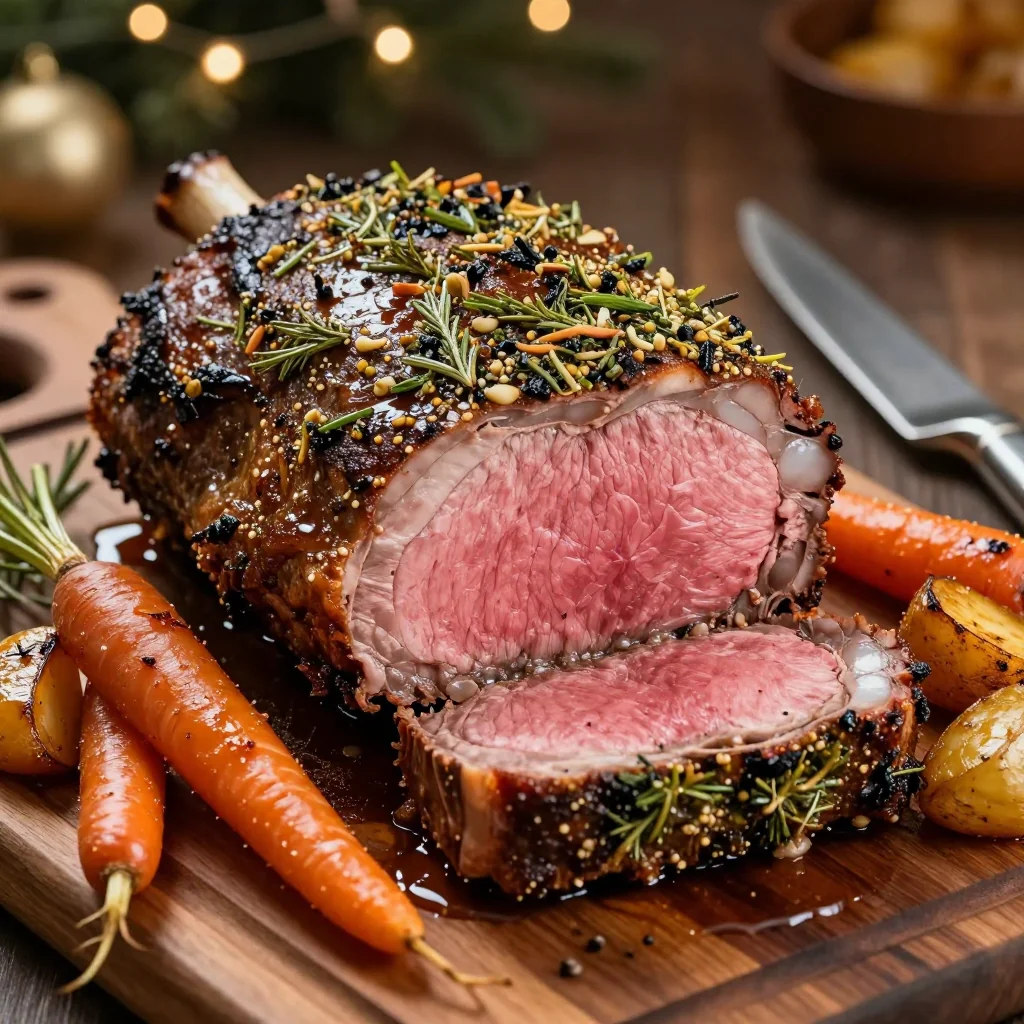 roasted garlic and herb prime rib with root vegetables for christmas