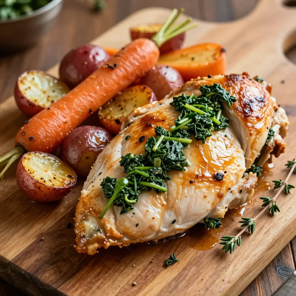 savory herb stuffed chicken breast with root vegetables for family dinners