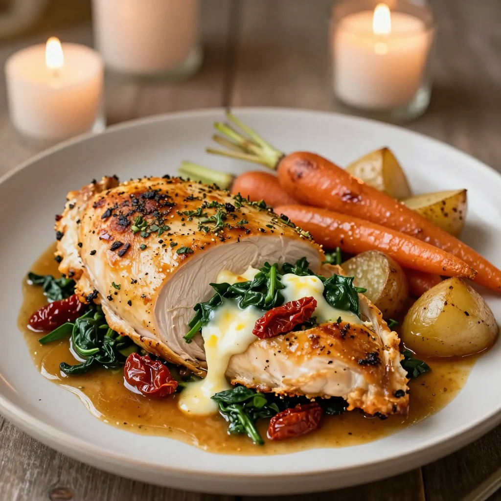 savory herb stuffed chicken breast with root vegetables for family dinners