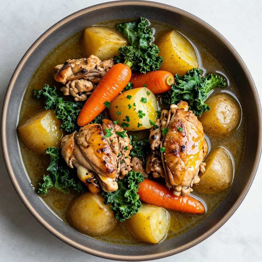 slow cooker chicken and winter vegetable stew with kale and potatoes