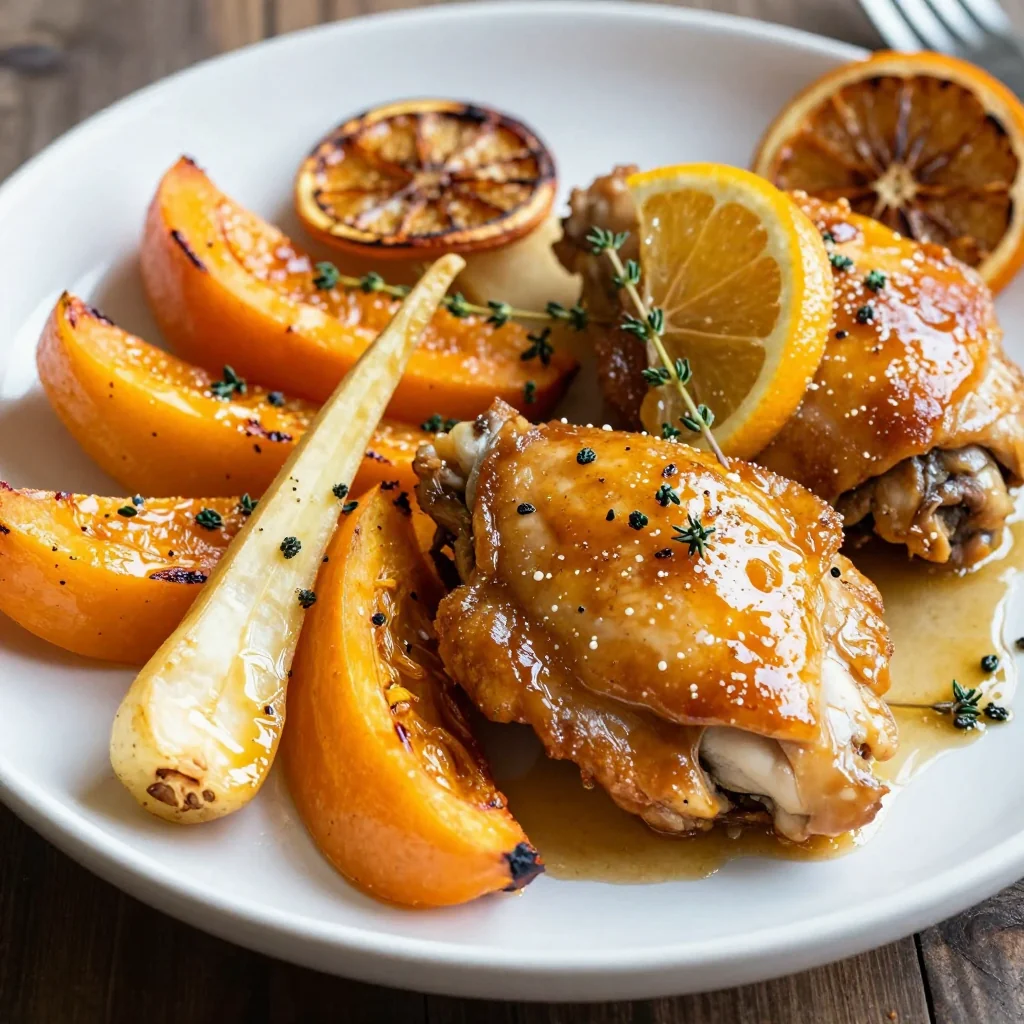 slow cooker citrus chicken with roasted winter squash and parsnips