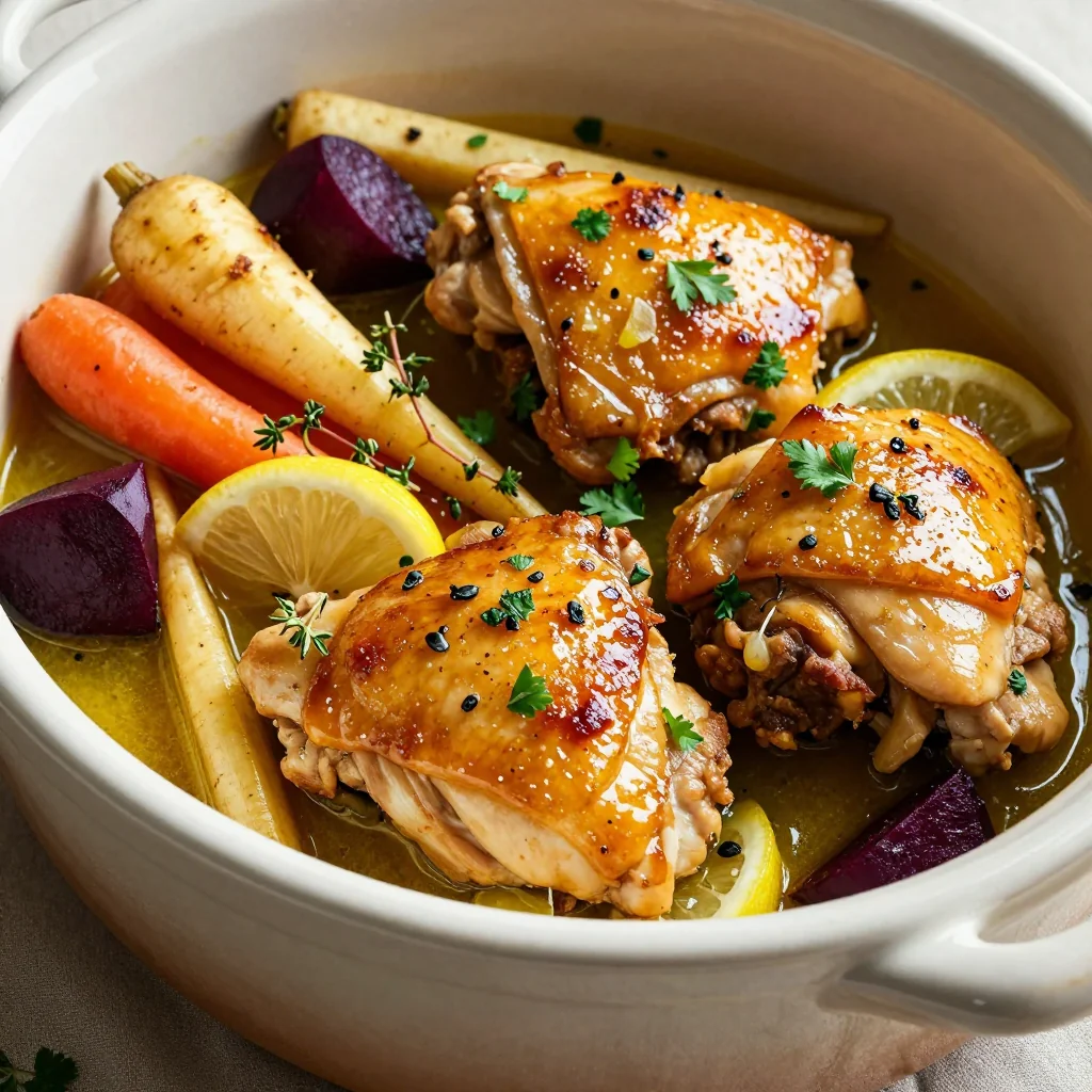 slow cooker lemon chicken with winter root vegetables and fresh herbs