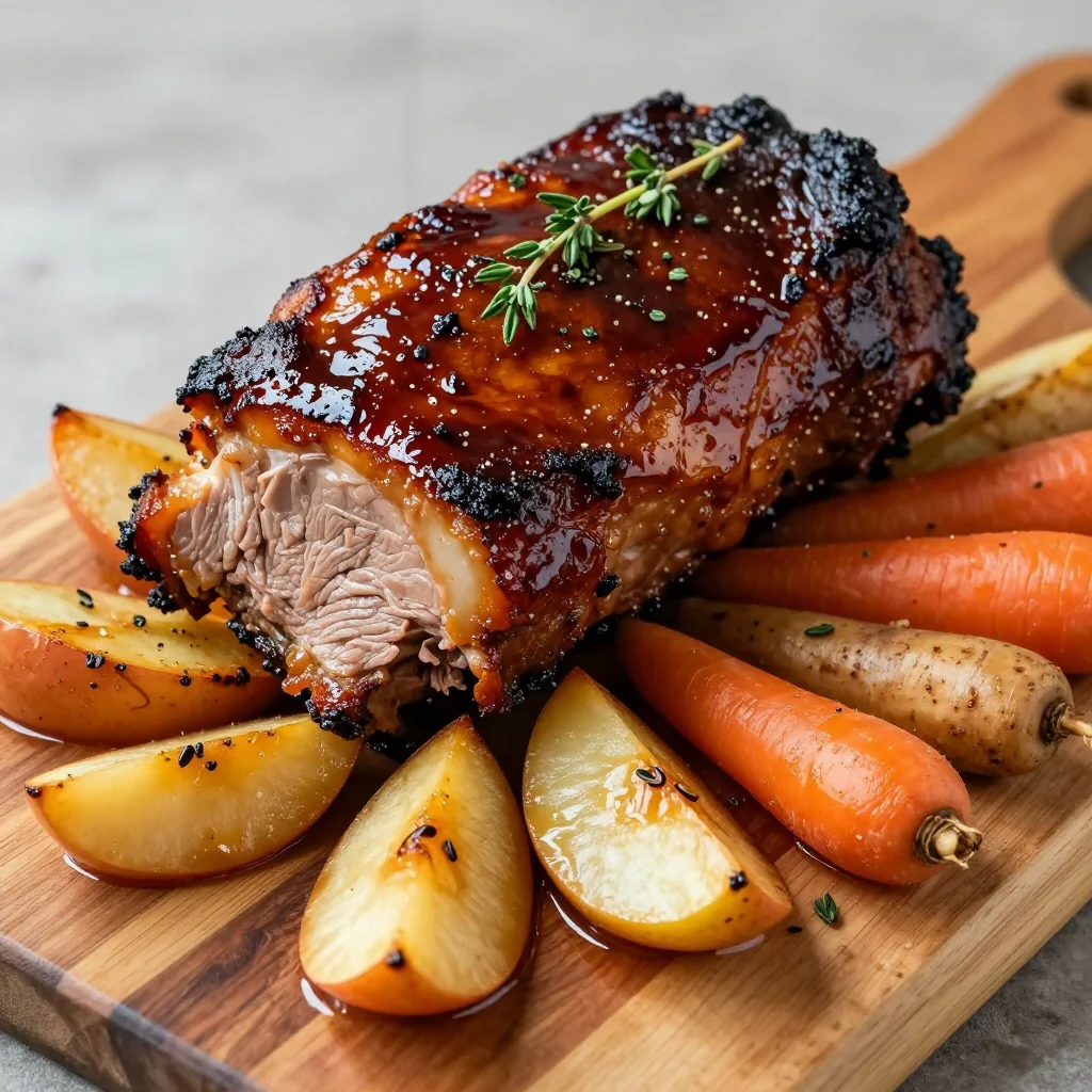 slowroasted pork shoulder with apples and root vegetables