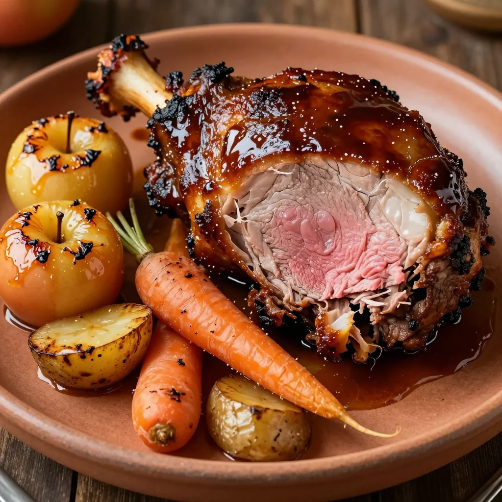 slowroasted pork shoulder with apples and root vegetables