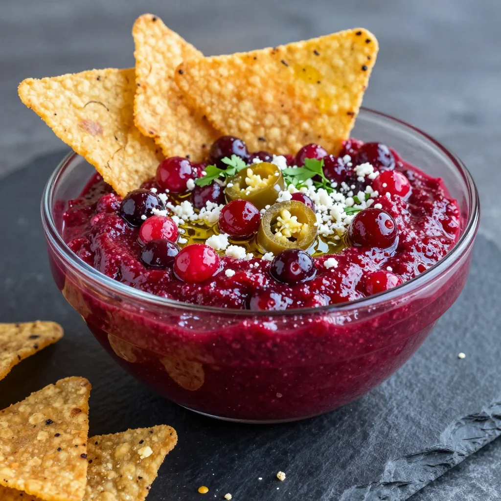 spicy cranberry jalapeño dip with corn chips for new years eve parties