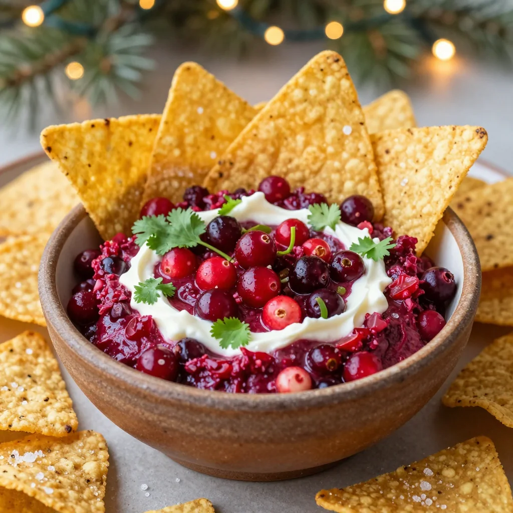 spicy cranberry jalapeño dip with corn chips for new years eve parties