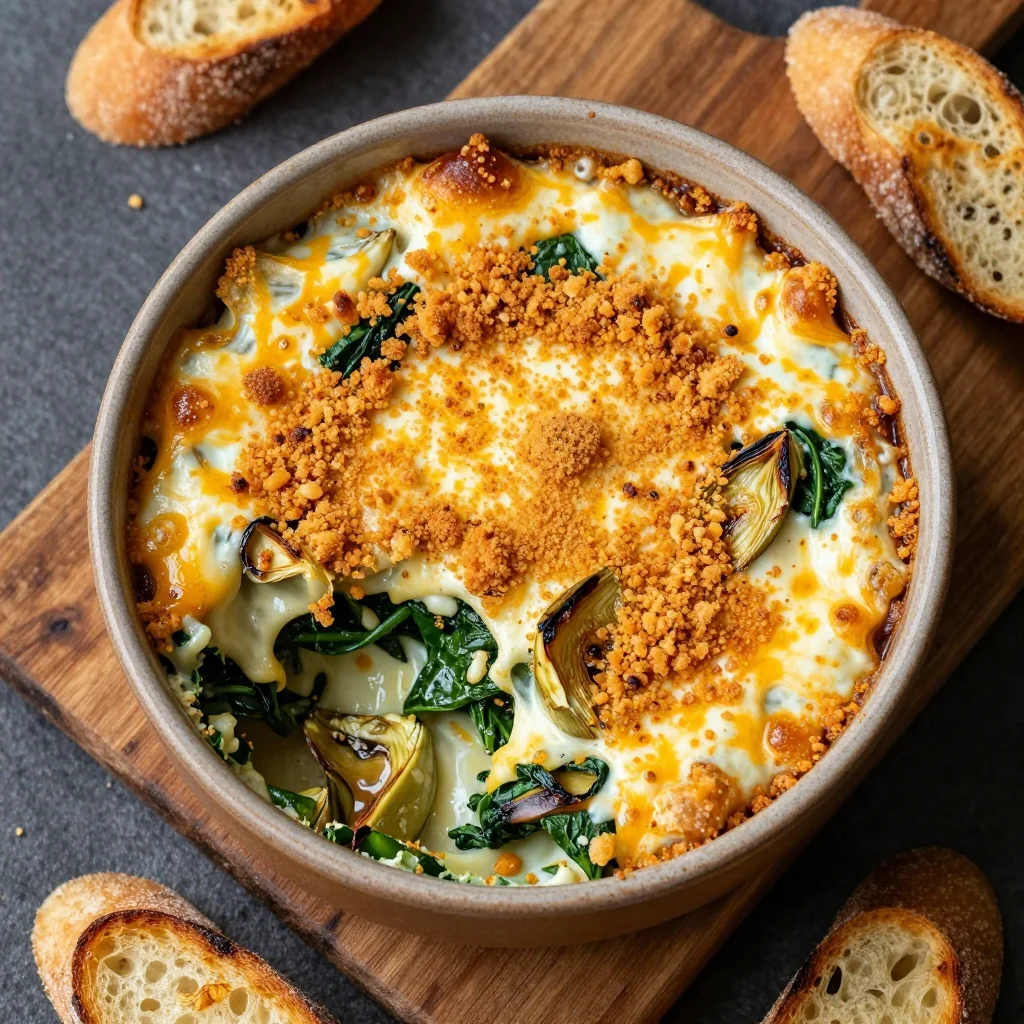 spinach artichoke dip with crispy topping for new years eve parties