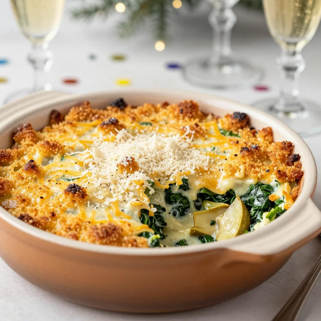 spinach artichoke dip with crispy topping for new years eve parties