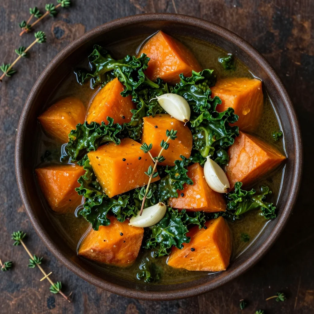 sweet potato and kale stew with garlic and thyme for winter comfort