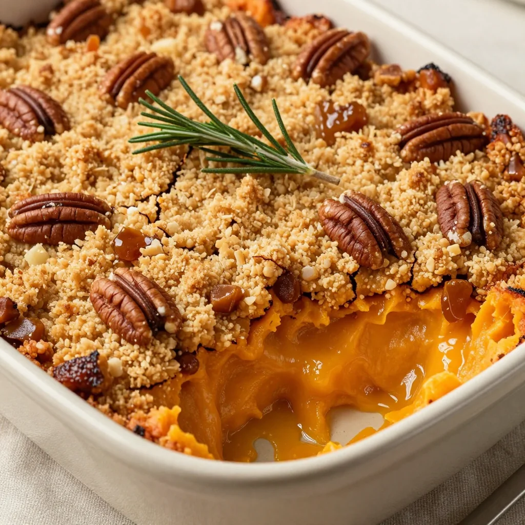 sweet potato casserole topped with maple pecan streusel for family gatherings