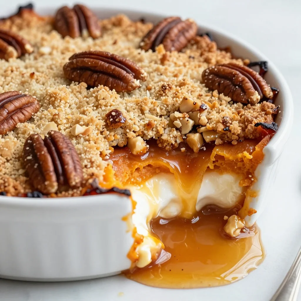 sweet potato casserole topped with maple pecan streusel for family gatherings