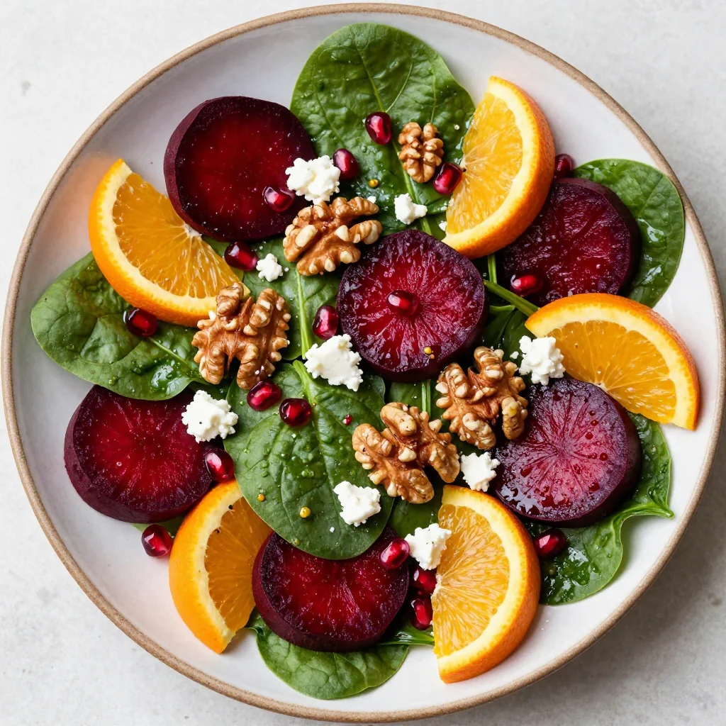 warm citrus spinach and beet salad with toasted walnuts