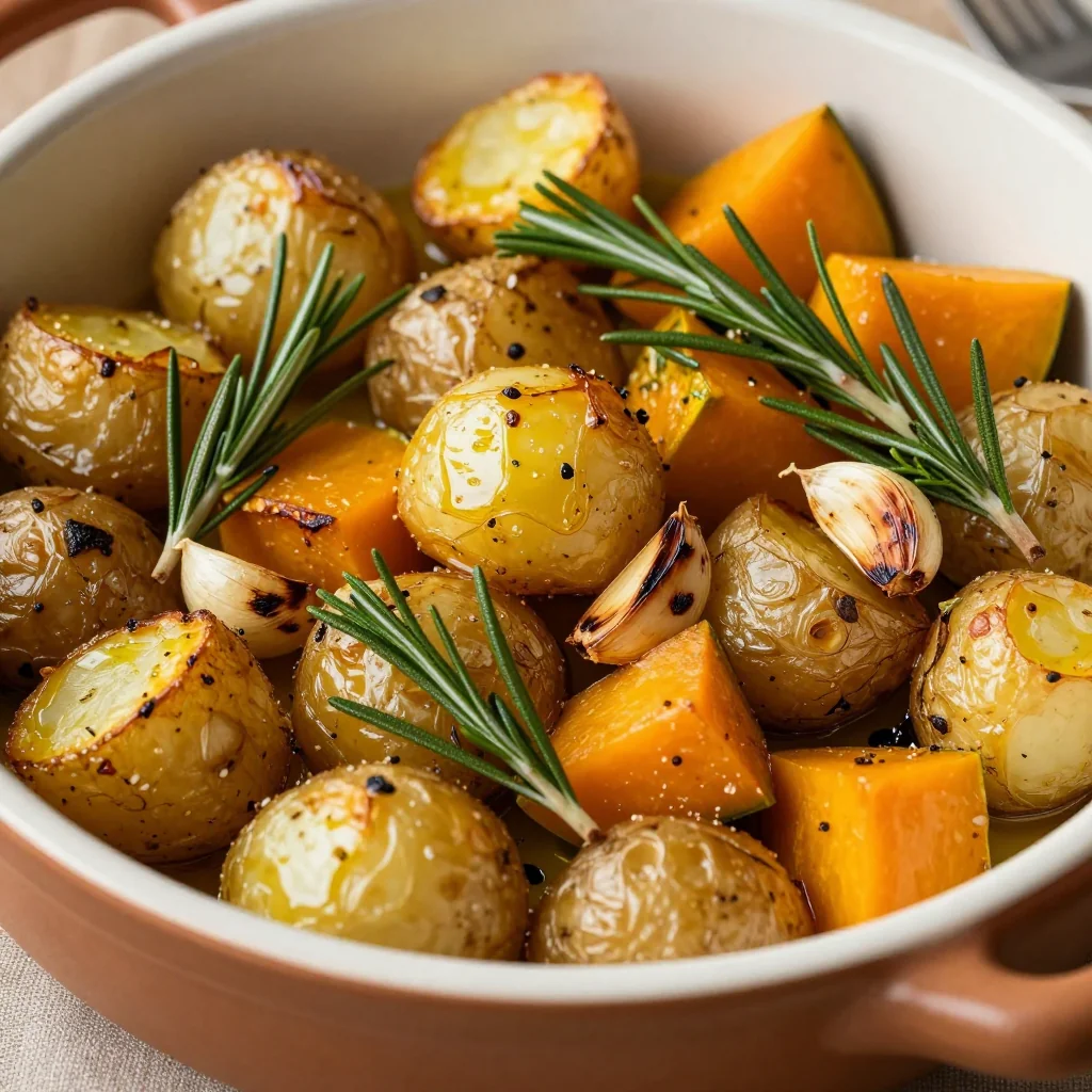 warm garlic and rosemary roasted potato and winter squash
