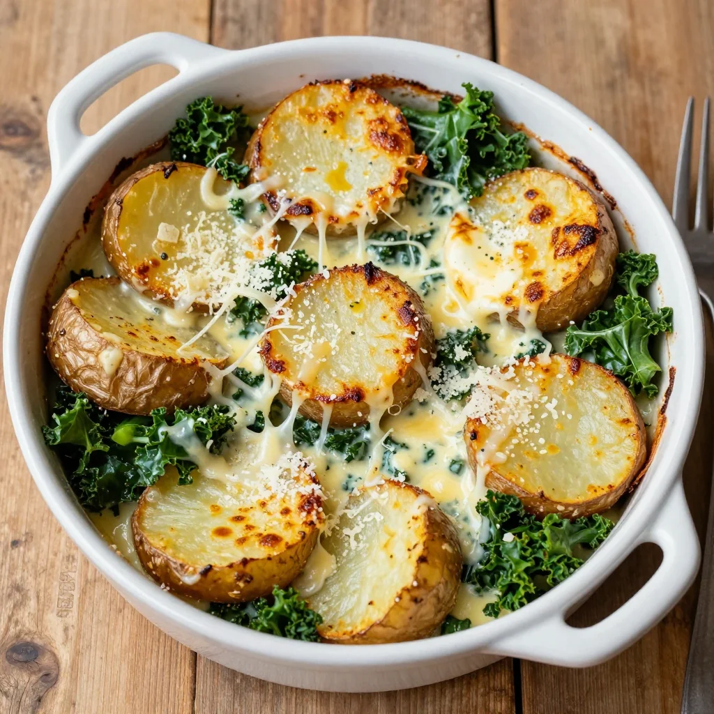 warm garlic potato and kale gratin perfect for family suppers