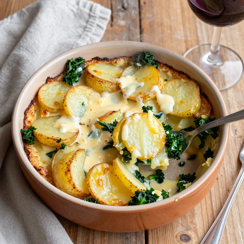 warm garlic potato and kale gratin perfect for family suppers