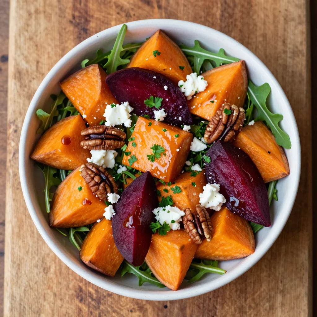 warm roasted sweet potato and beet salad for cozy family dinners