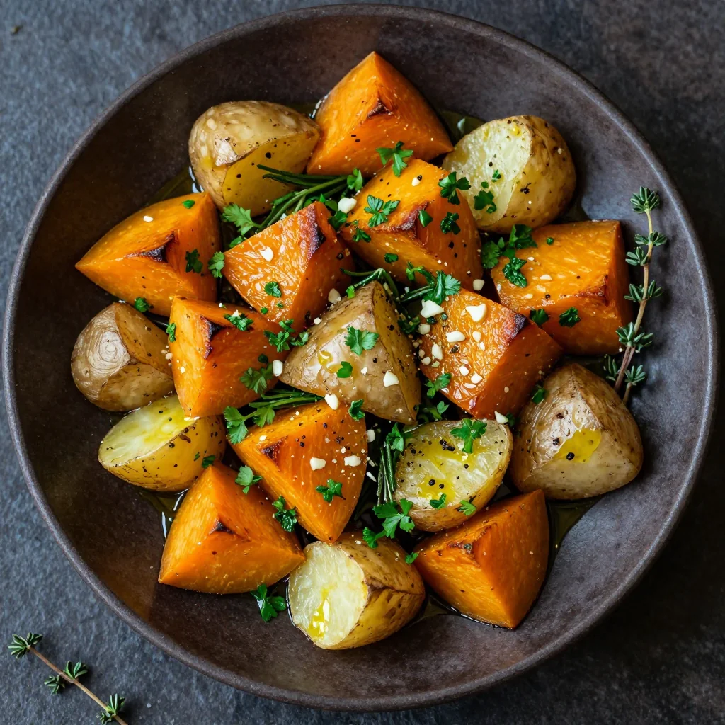 warm roasted winter squash and potato salad with garlic for budget dinners