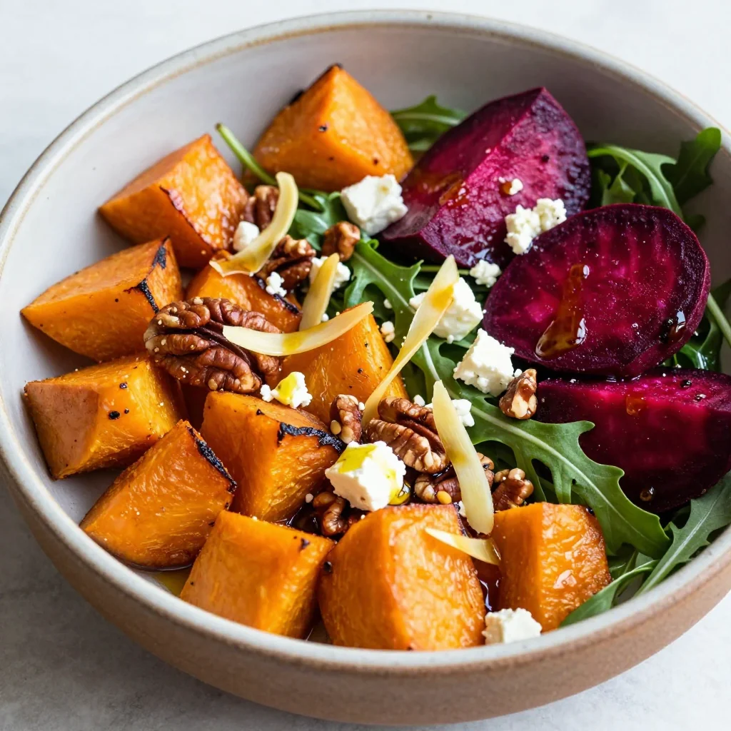 warm sweet potato and beet salad with garlic for relaxed winter nights