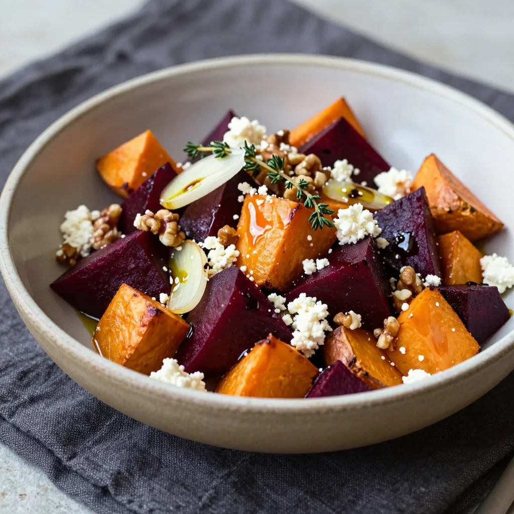 warm sweet potato and beet salad with garlic for relaxed winter nights